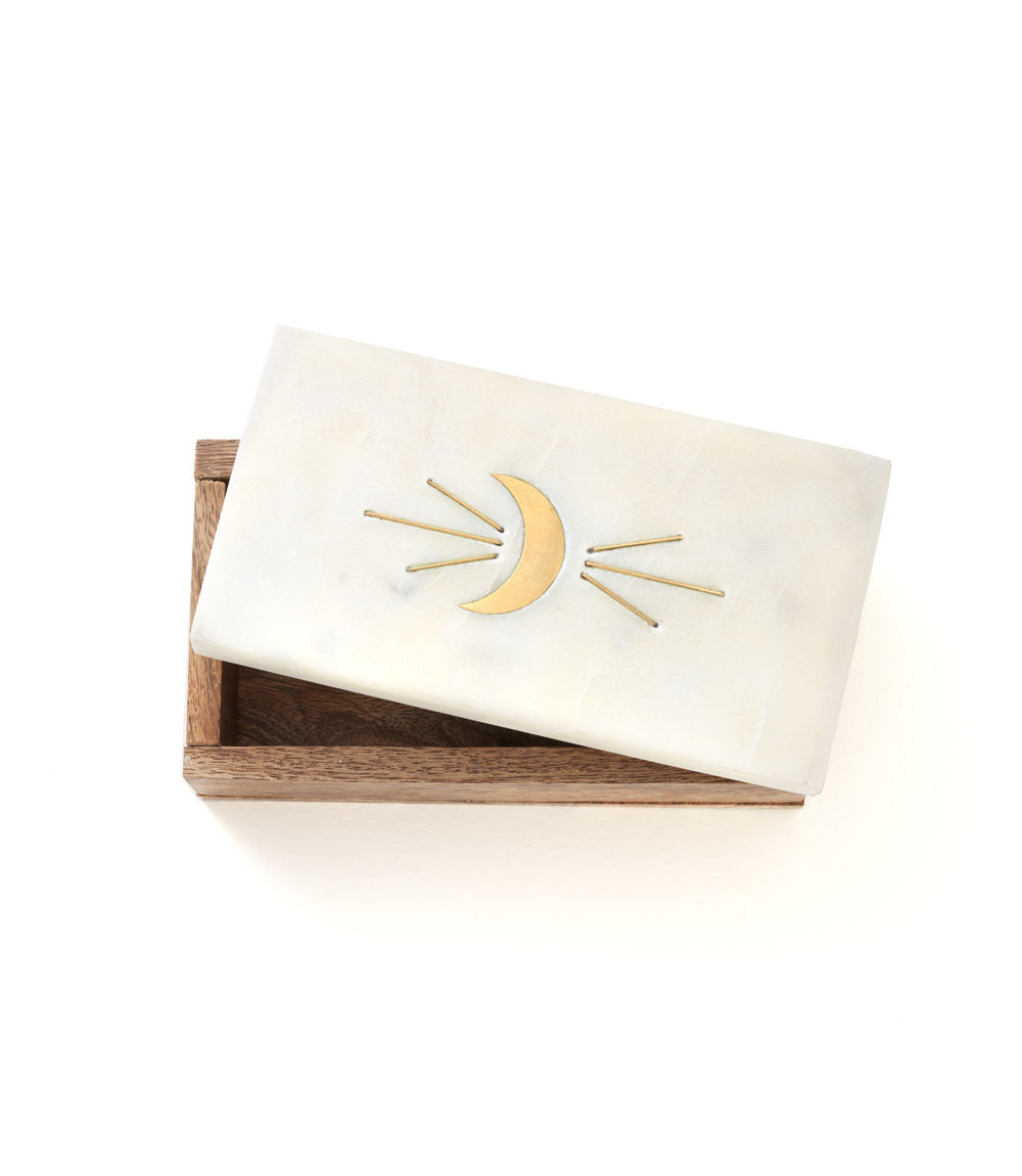 Indukala Crescent Moon Treasure Box - Wood, Marble, Brass - Osadia Concept Store