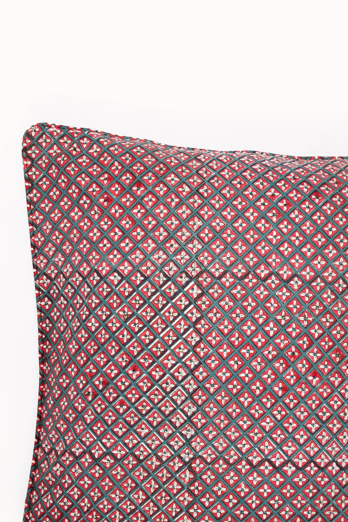 Holly & Berry Holiday Crimson Piped Blockprint Pillow Cover