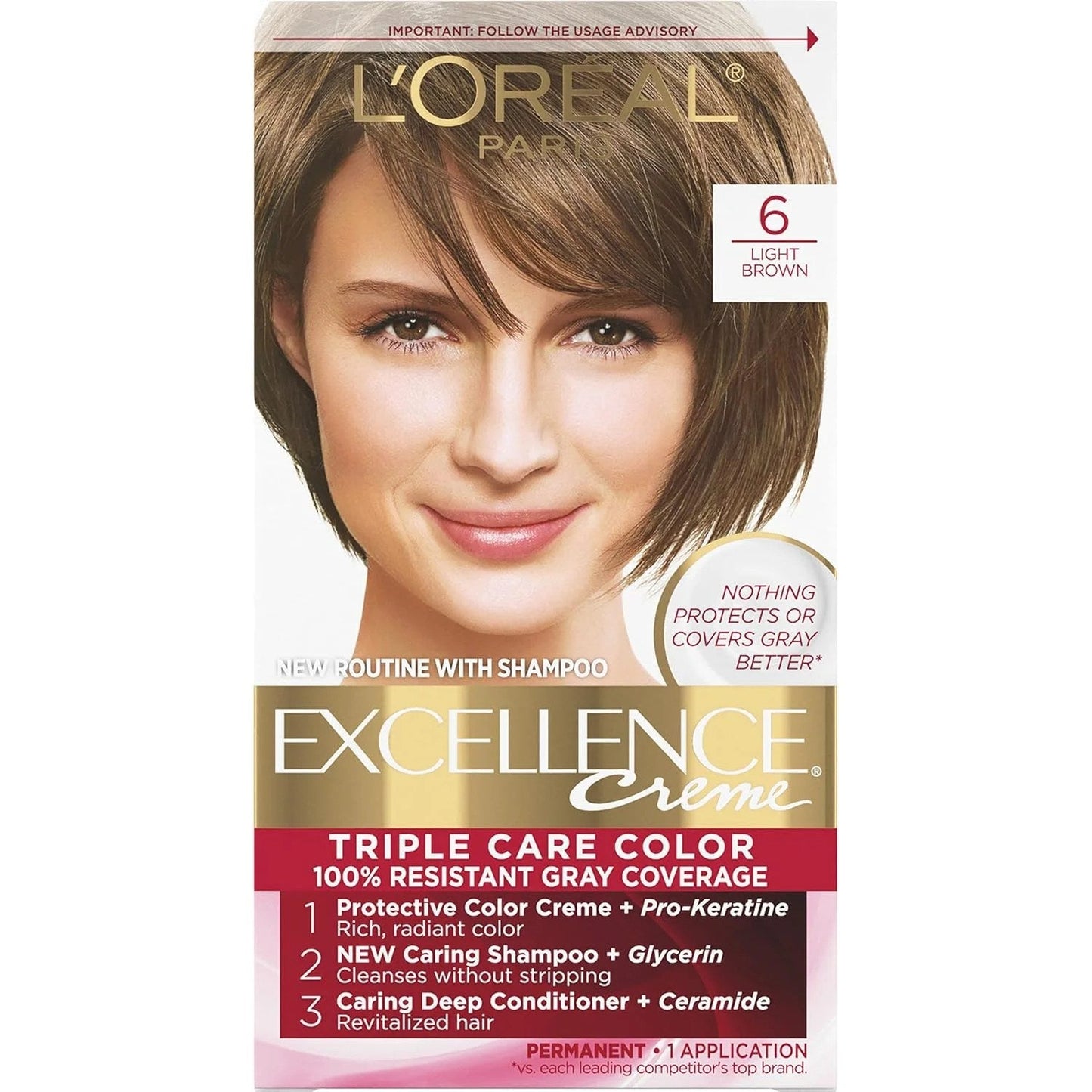 Excellence L'Oreal Paris Creme Hair Color, Light Brown 6, 1 Kit