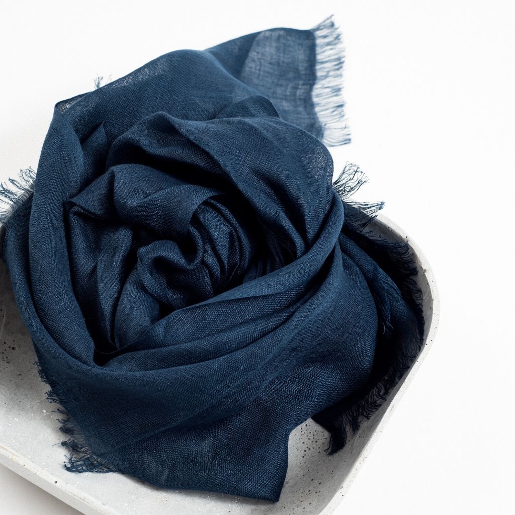 Midnight Navy Blue Hand Woven Linen Silk Blend Scarf