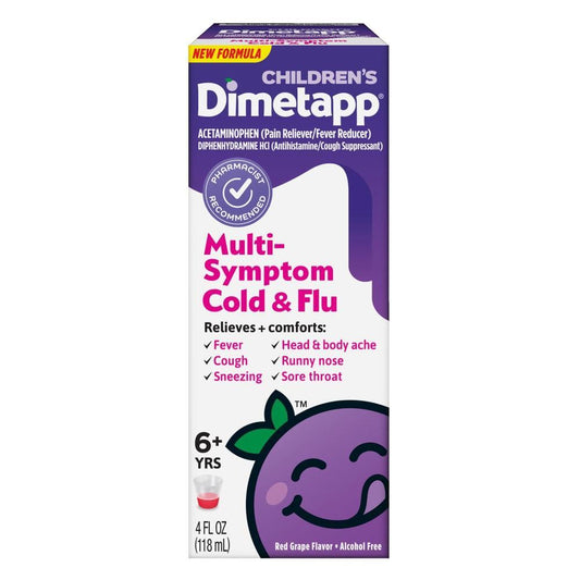 Dimetapp Cold & Flu, Multi Symptom, Red Grape Flavor, Children's 4 Fl Oz