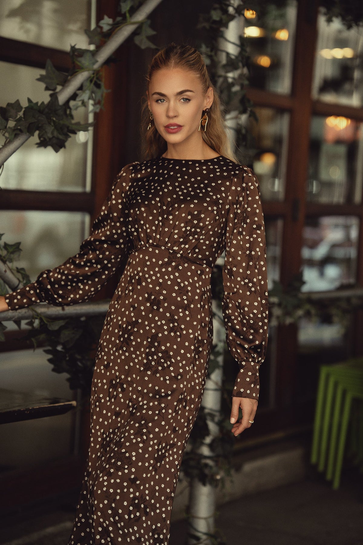 Marlo Dress Long Sleeves- Brown Polka Dot Flowers