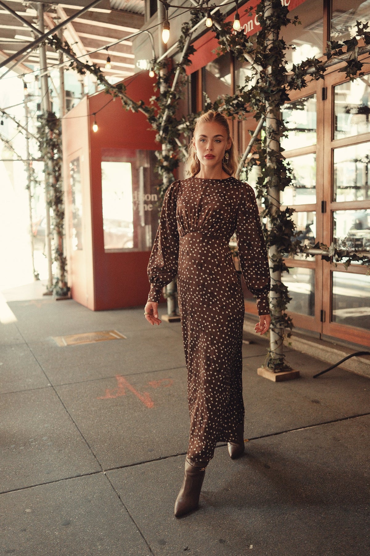 Marlo Dress Long Sleeves- Brown Polka Dot Flowers