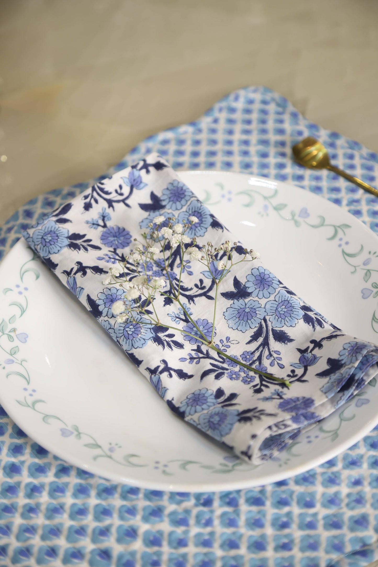 S/4 Neel Blue Block Printed Table Napkins