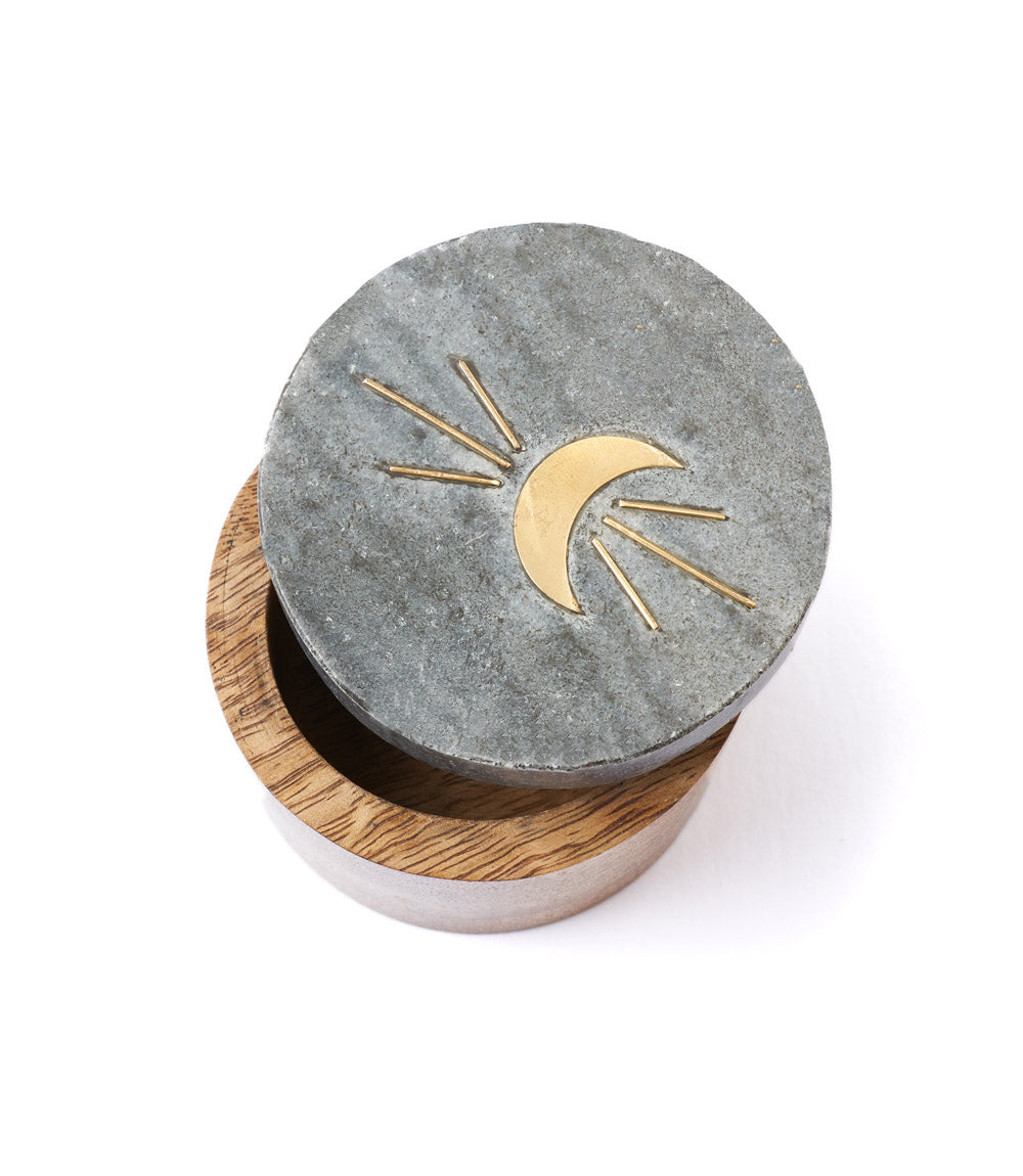 Indukala Moon Phase Round Keepsake Box - Black Marble, Wood, Brass - Osadia Concept Store