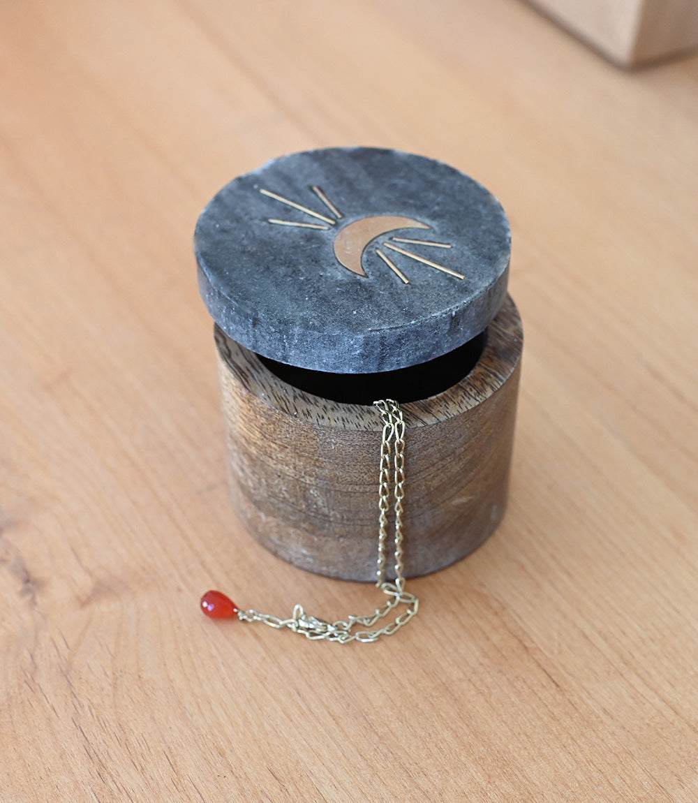 Indukala Moon Phase Round Keepsake Box - Black Marble, Wood, Brass - Osadia Concept Store