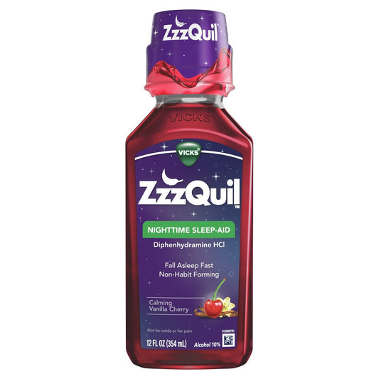 Vick's ZzzQuil Nighttime Sleep Aid, Calming Vanilla Cherry Liquid, 12 Fl Oz