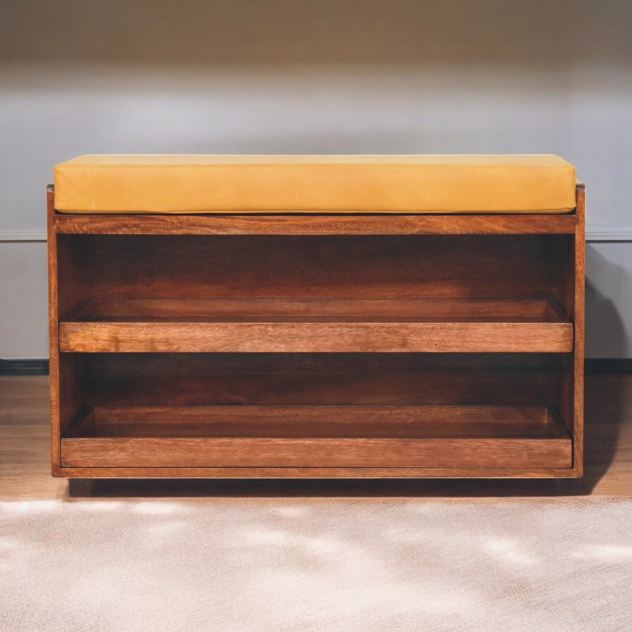Solid Wood Buffalo Hide Pull out Honey Caramel Shoe Storage Bench