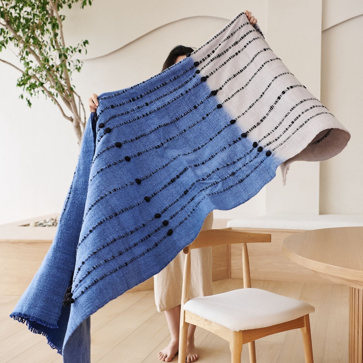 Mari Blue Gray Calming Hues Hand Woven Hand Knotted Textured Merino Throw