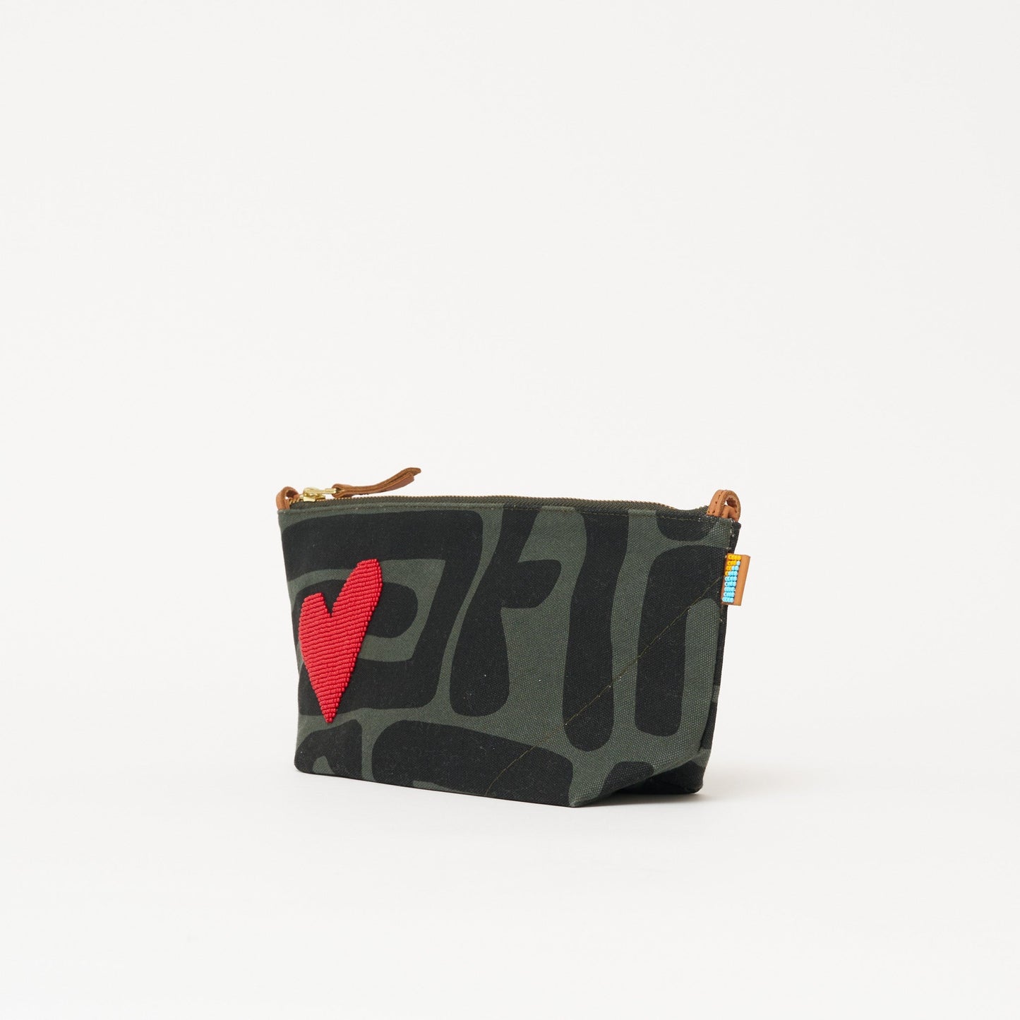 Large Convertible Pouch - Safari Kuba with Beaded Red Heart with Short Leather Strap