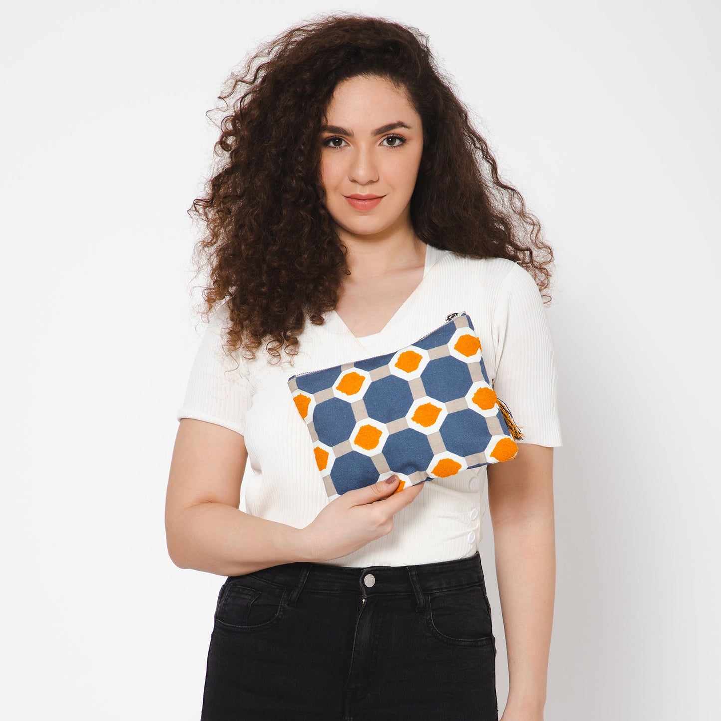 Octagon Embroidered Travel Pouch - Blue Ivory