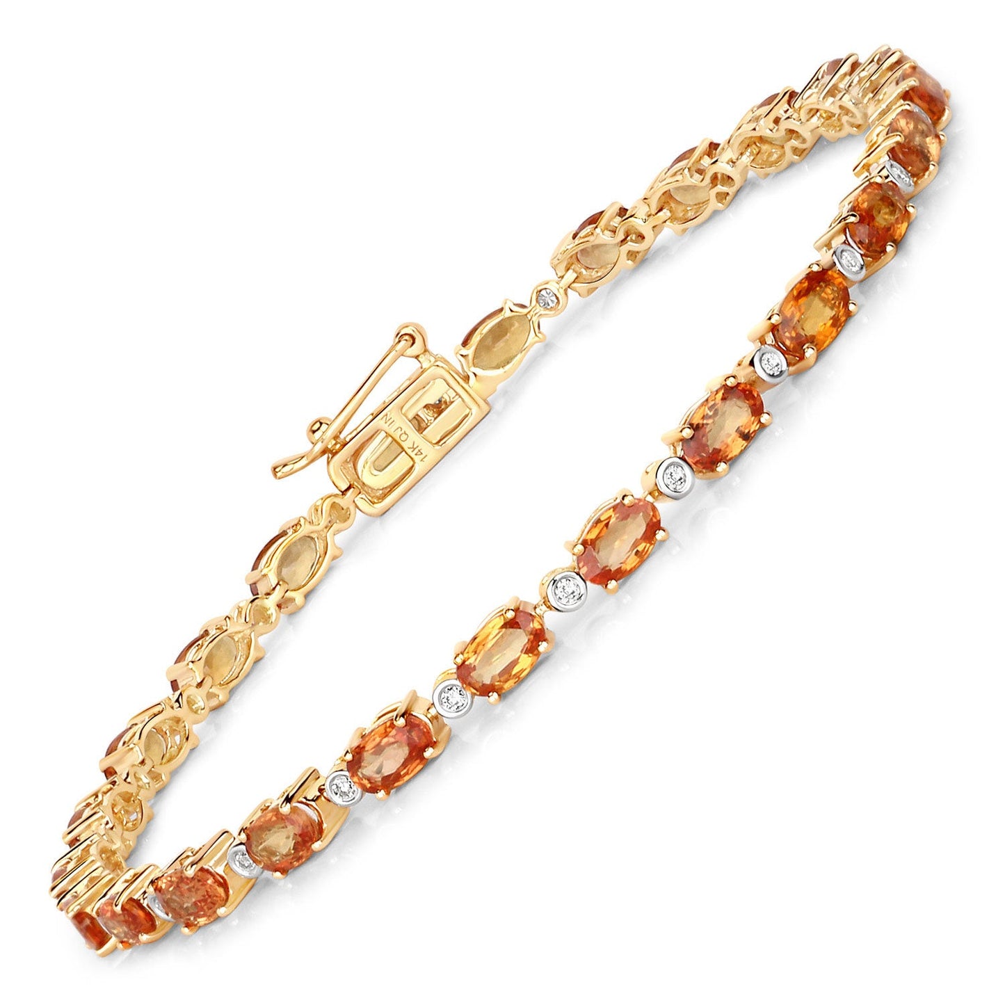 7.39 Carat Genuine Orange Sapphire and White Diamond 14K Yellow Gold Bracelet