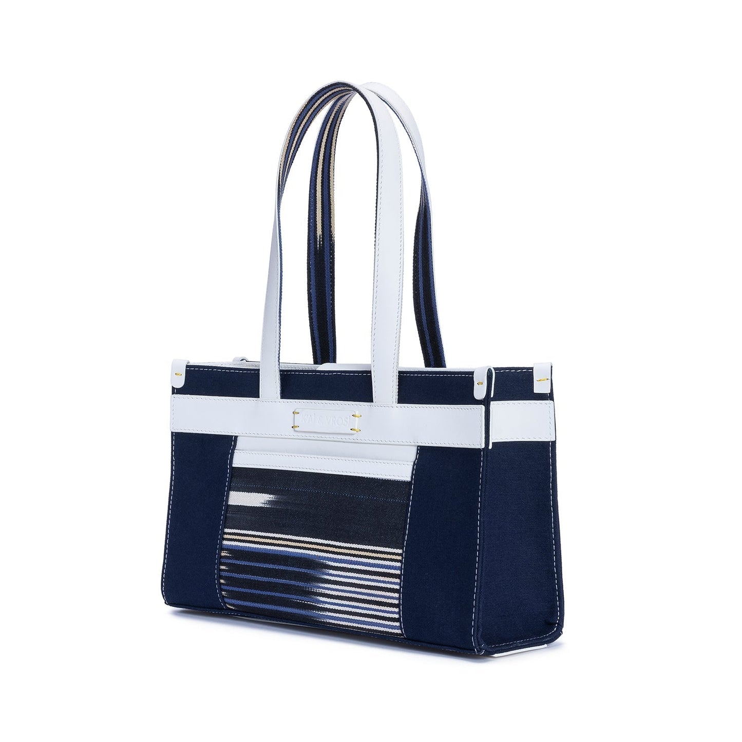 Midi Navy Leather & Canvas Tote Bag with Pockets