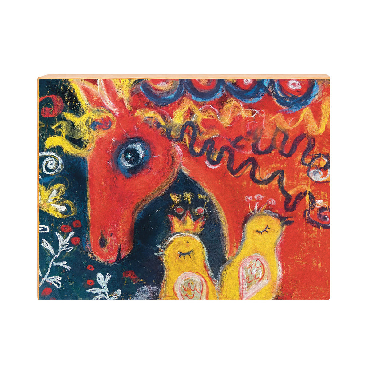 Horse and Birds: Whimsical Folk Art Print on Board, Red and Yellow Nursery Art