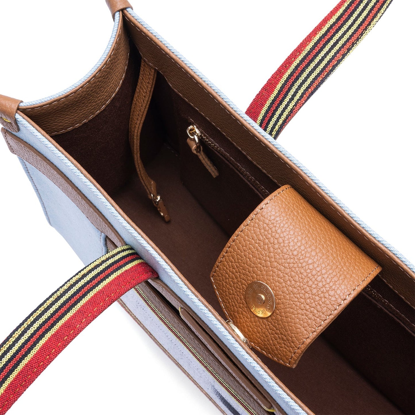 Midi Tobacco Leather & Denim Canvas Tote Bag with Pockets
