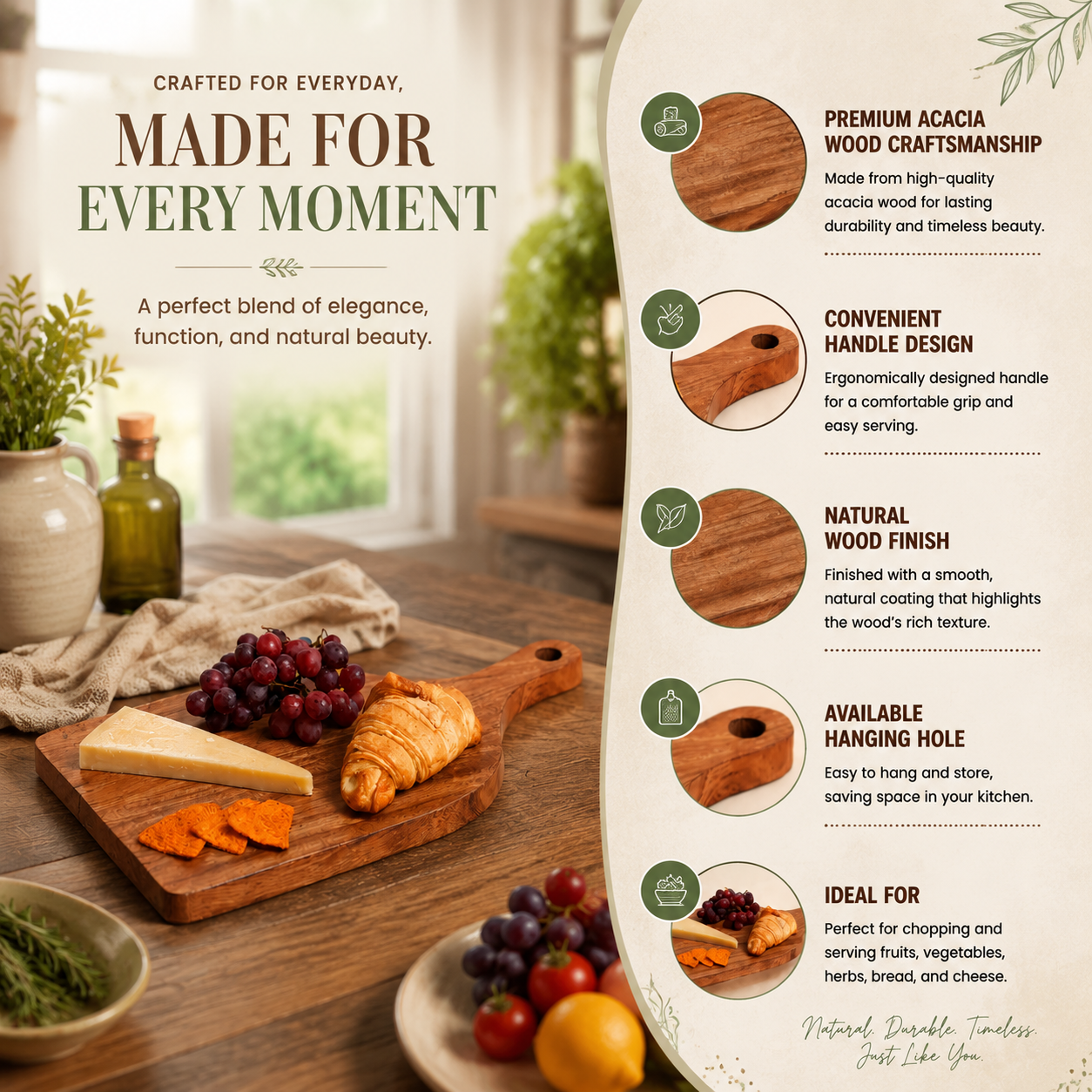 Acacia Wood Cutting Board with Handle, Wooden Chopping Board