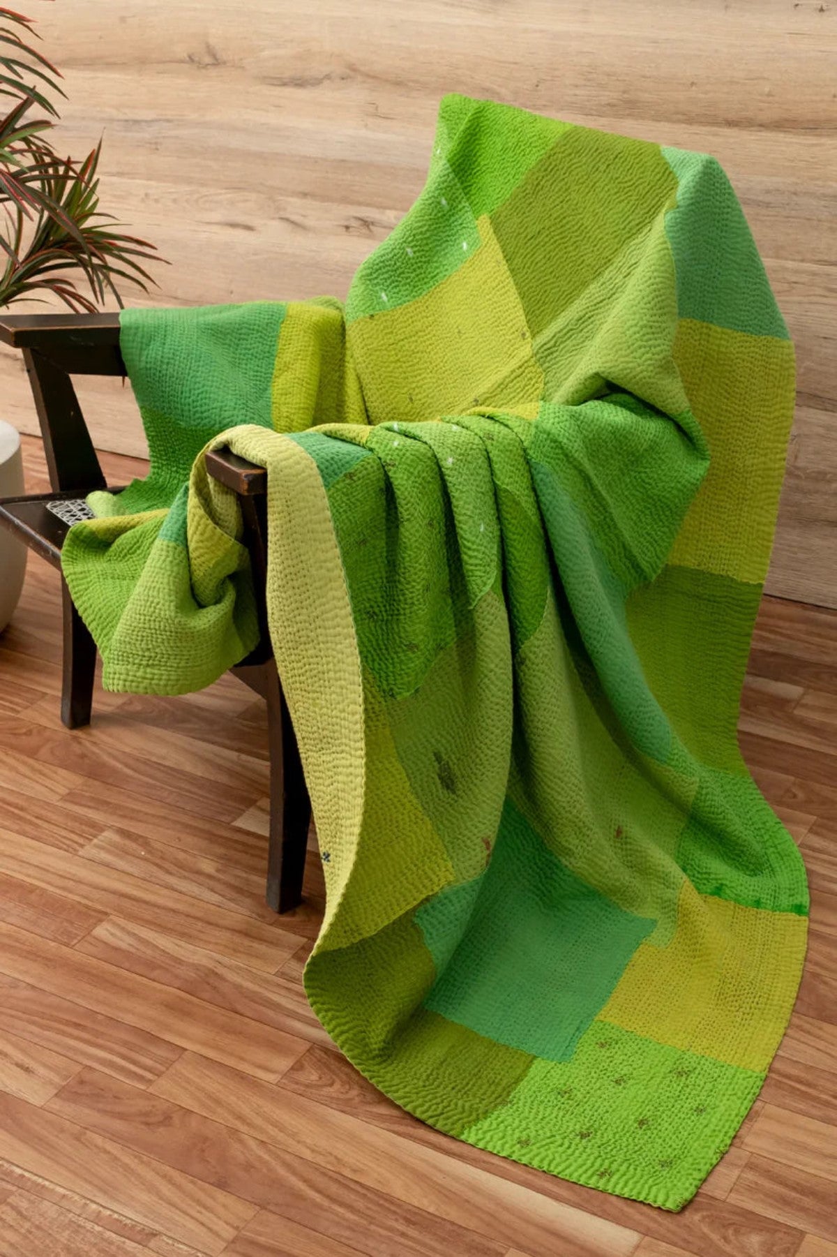 Mosaic Fray Patch Vintage Kantha Throw - Lime Green