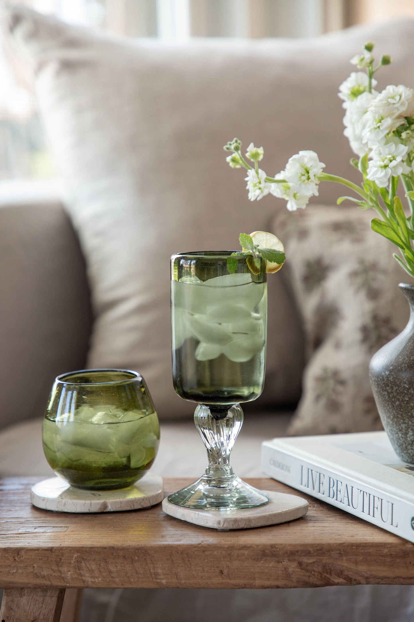Ronde Blown Glass, Olive Green, Set of 2