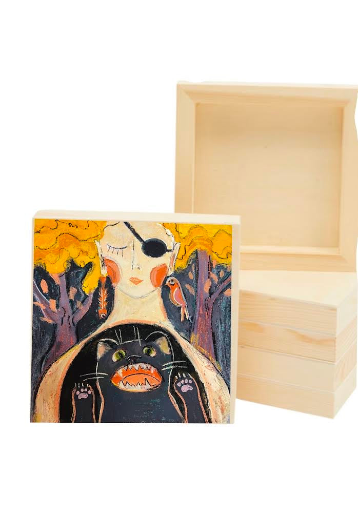 Inner Animal: Woman and Black Cat Whimsical Pastel Art Print on Board