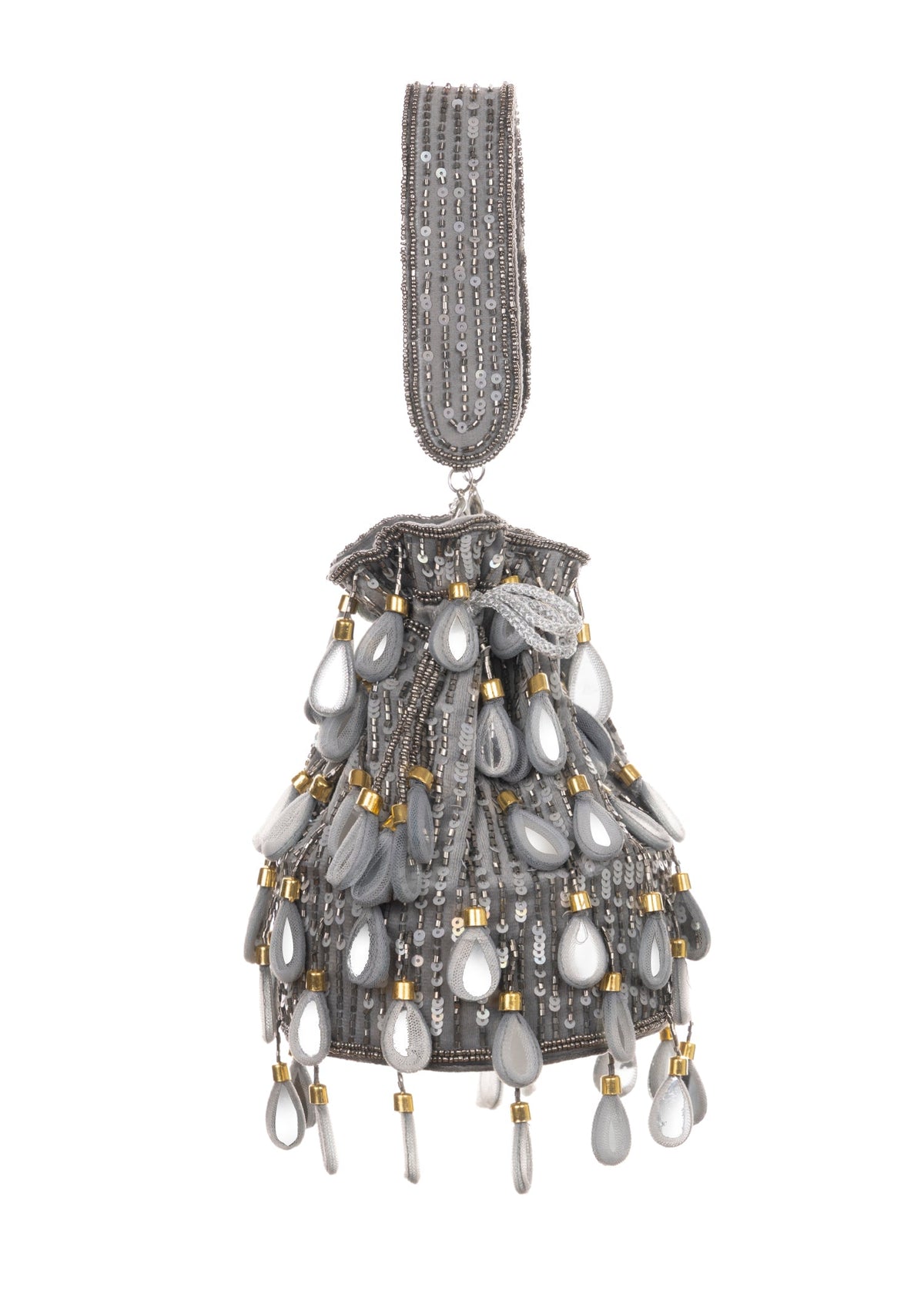 Keisha Drawstring Bag | Handmade Beaded Evening Bucket Bag in Champagne Grey