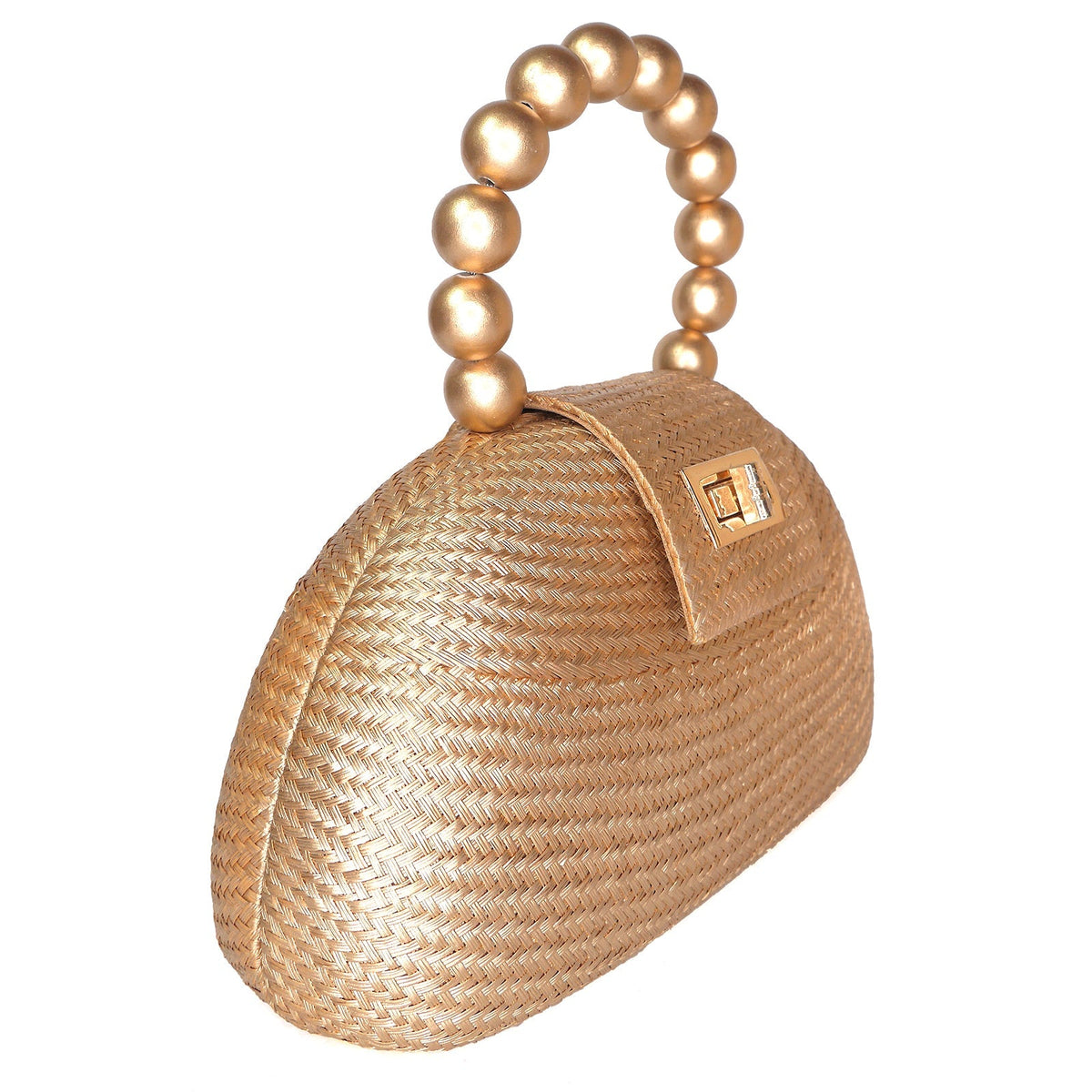 THE ORLA Gold Woven Straw & Wooden Bead Statement Clutch Bag