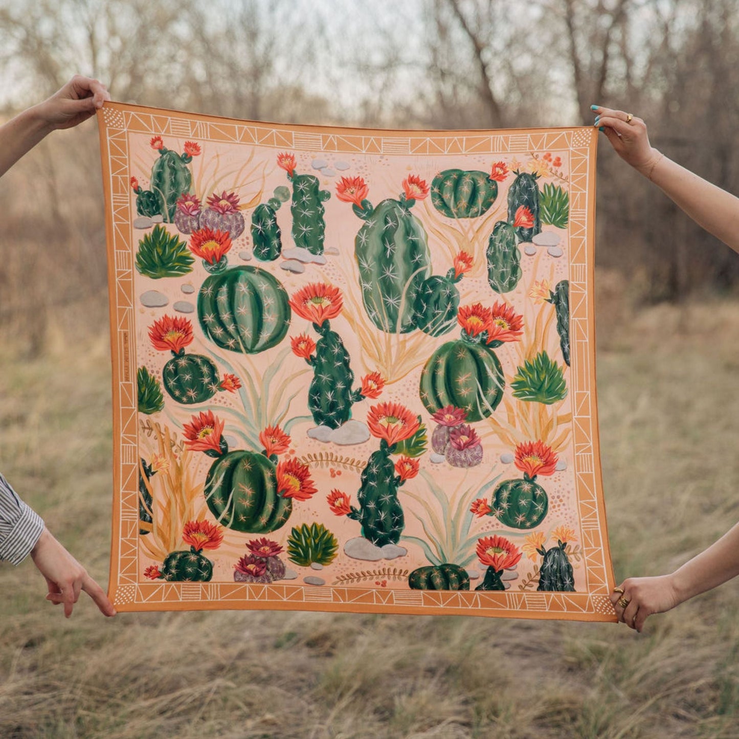 100% Silk Scarf: Cactus Garden - Desert Botanical Pattern