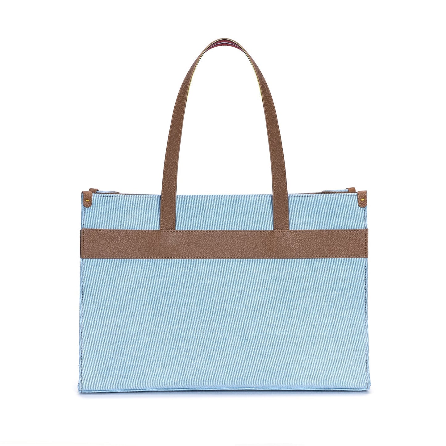 Tobacco Leather & Denim Canvas Tote Bag with Pockets