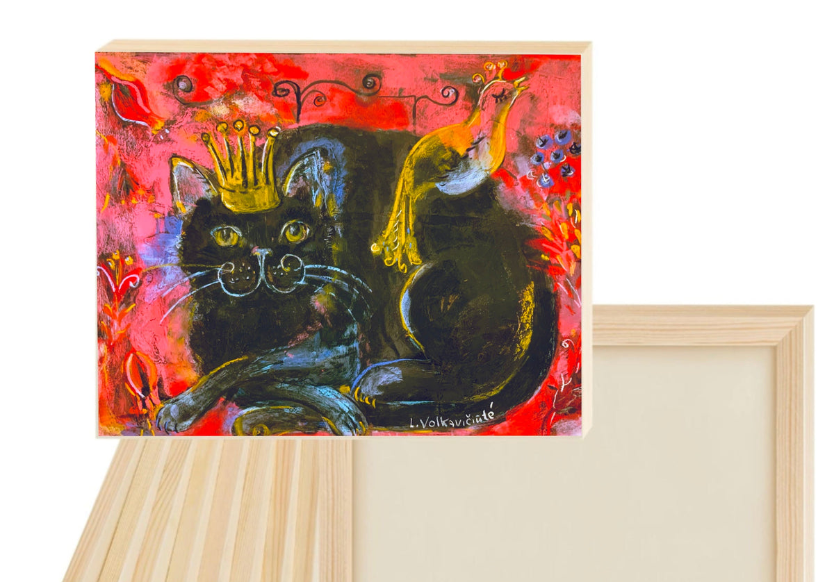 Crowned Black Cat with Bird: Red Folk Art Print on Board