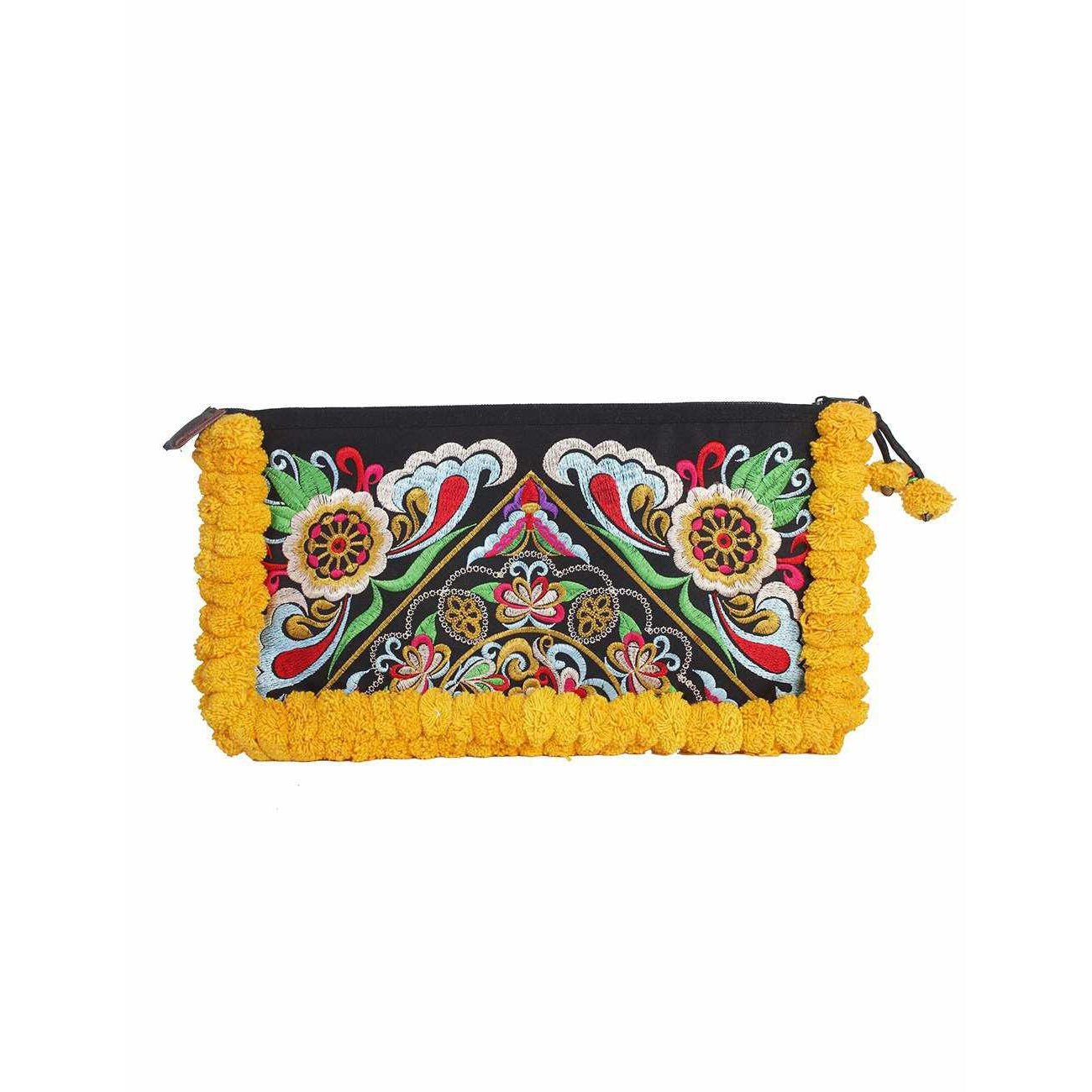 Double Pompom Embroidered Hmong Clutch - Thailand