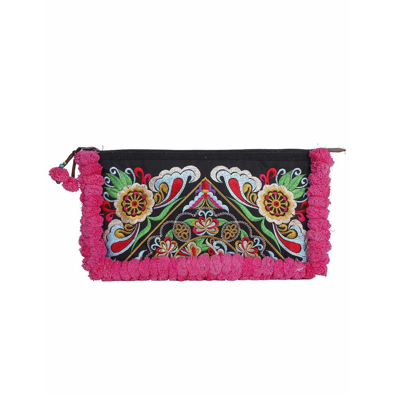 Double Pompom Embroidered Hmong Clutch - Thailand
