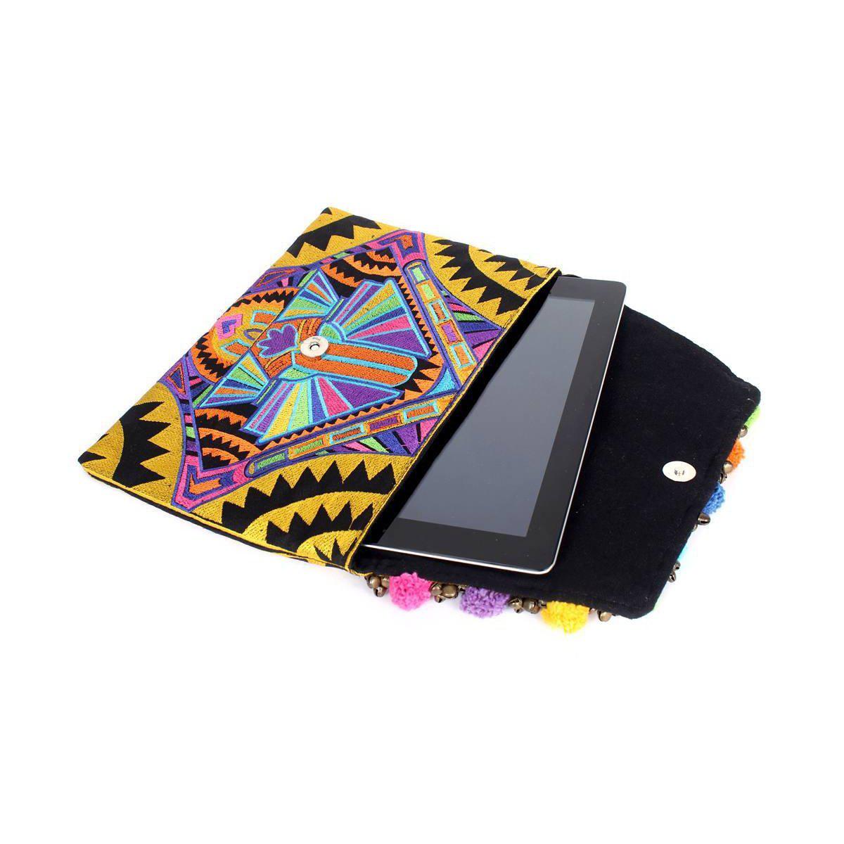 Pom Pom Embroidered Tribal Clutch | iPad Bag - Thailand