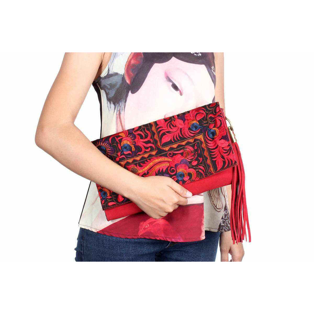 Leather Clutch with Geometric Embroidery Bag - Thailand