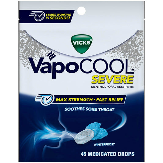 Vicks Vapo Cool Severe Max Strength, Medicated Sore Throat Drops, 45ct, Menthol