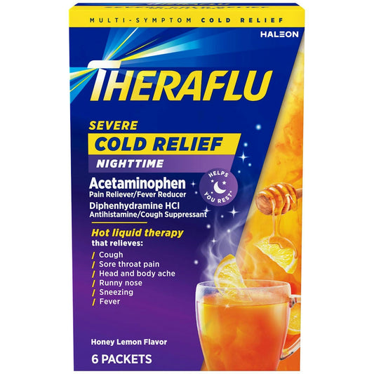 Theraflu Cold Relief, Severe, Multi Symptom, Nighttime, Honey Lemon Flavor, Packets