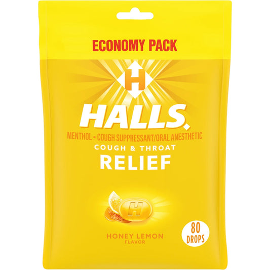 Halls Honey Lemon Flavor Menthol Cough & Throat Relief Drops Economy Pack