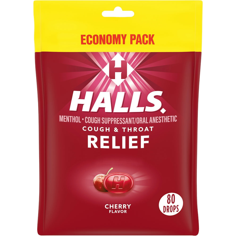 Halls Cough & Throat Relief, Cherry Flavor, Drops, Economy Pack