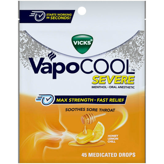 Vicks Vapo Cool Severe Medicated Lozenges, Honey Lemon Chill, 45 Drops – Soothe Sore Throat Pain Caused By Cough