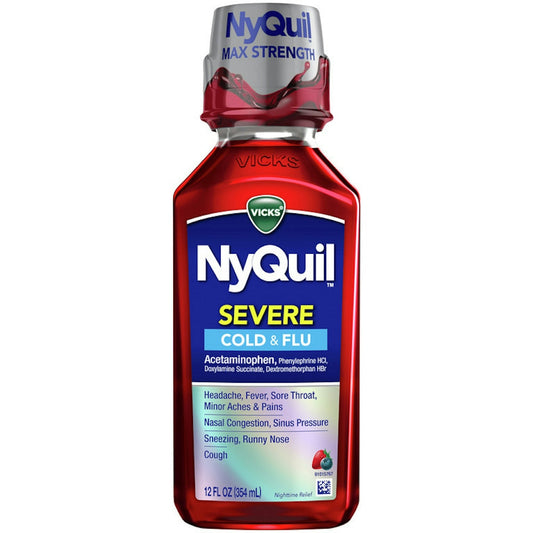 Vicks Nyquil Severe Cold & Flu Nighttime Relief Berry Flavor Liquid 12 Fl Oz, 12.000 Fluid Ounce