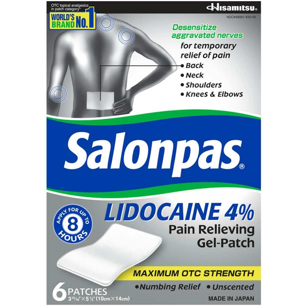 Salonpas Lidocaine 4% Pain Relieving Gel-Patch, Maximum Strength, Unscented, 6 Patches