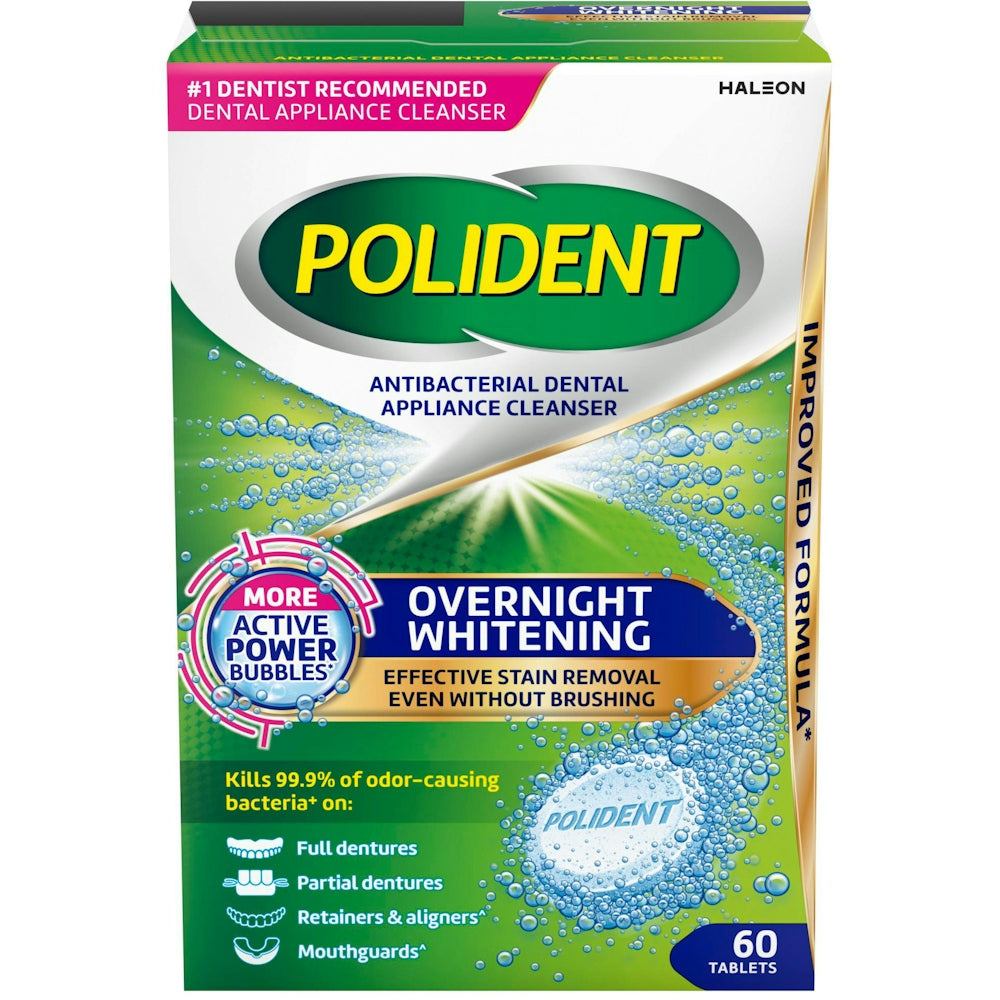 Polident Dental Appliance Cleanser, Antibacterial, Overnight Whitening, Tablets