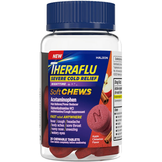 Theraflu Cold Relief, Severe, Nighttime, Chewable Tablets, Apple Cinnamon Flavor