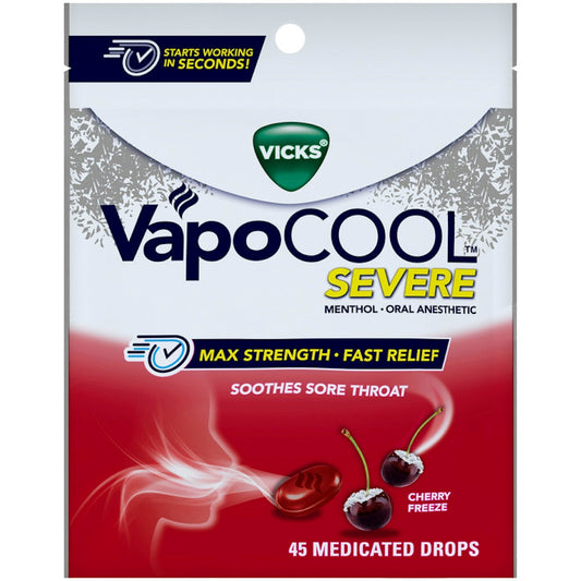 Vicks VapoCOOL Severe Sore Throat Drops, Cherry Freeze, 45ct