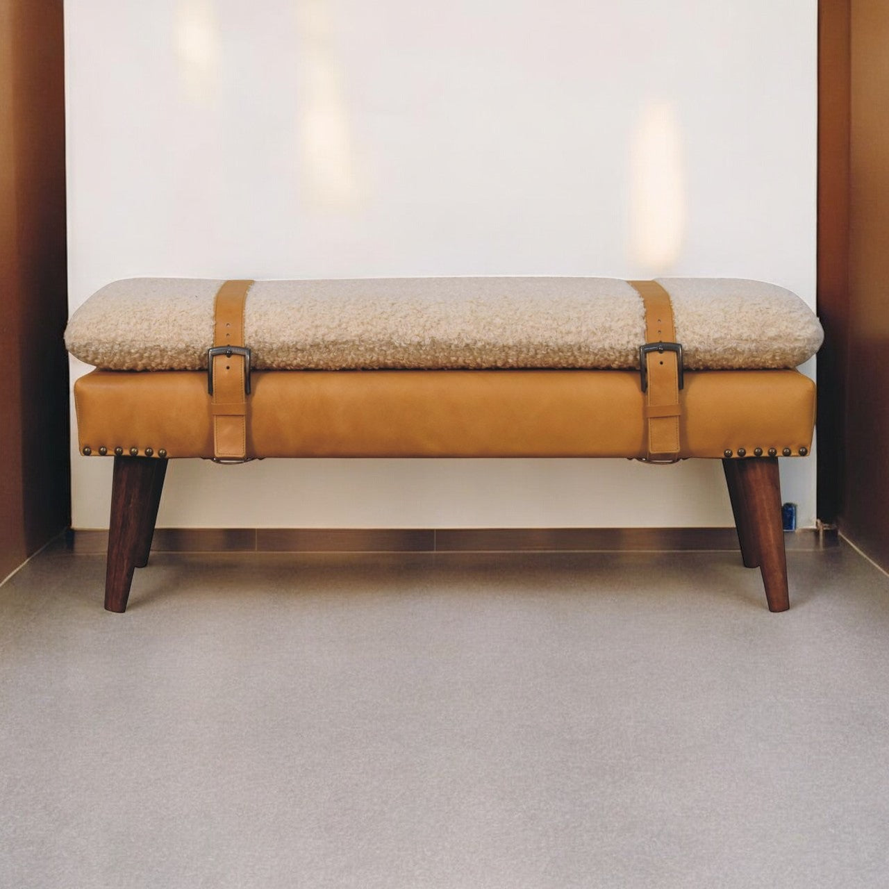 Solid Wood Boucle Tan Leather Bench