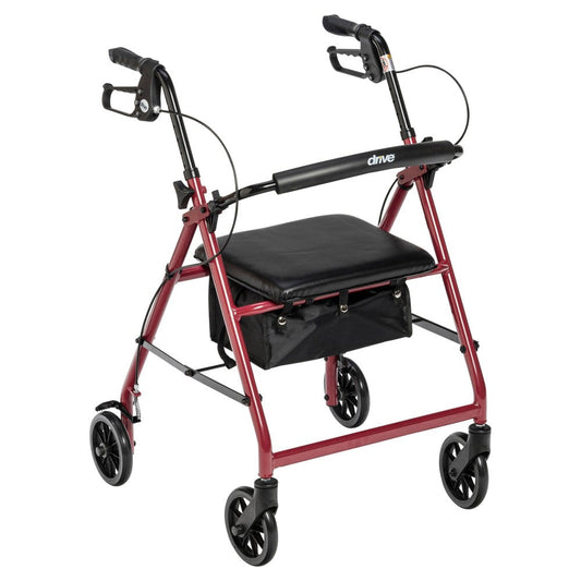 Drive Medical Walker Rollator With 6" Wheels, Fold Up Removable Back Support And Padded Seat, Red