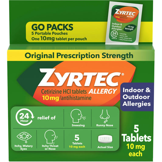 Zyrtec Go Packs 10 Mg Original Prescription Strength Allergy Relief 5 Tablets Box