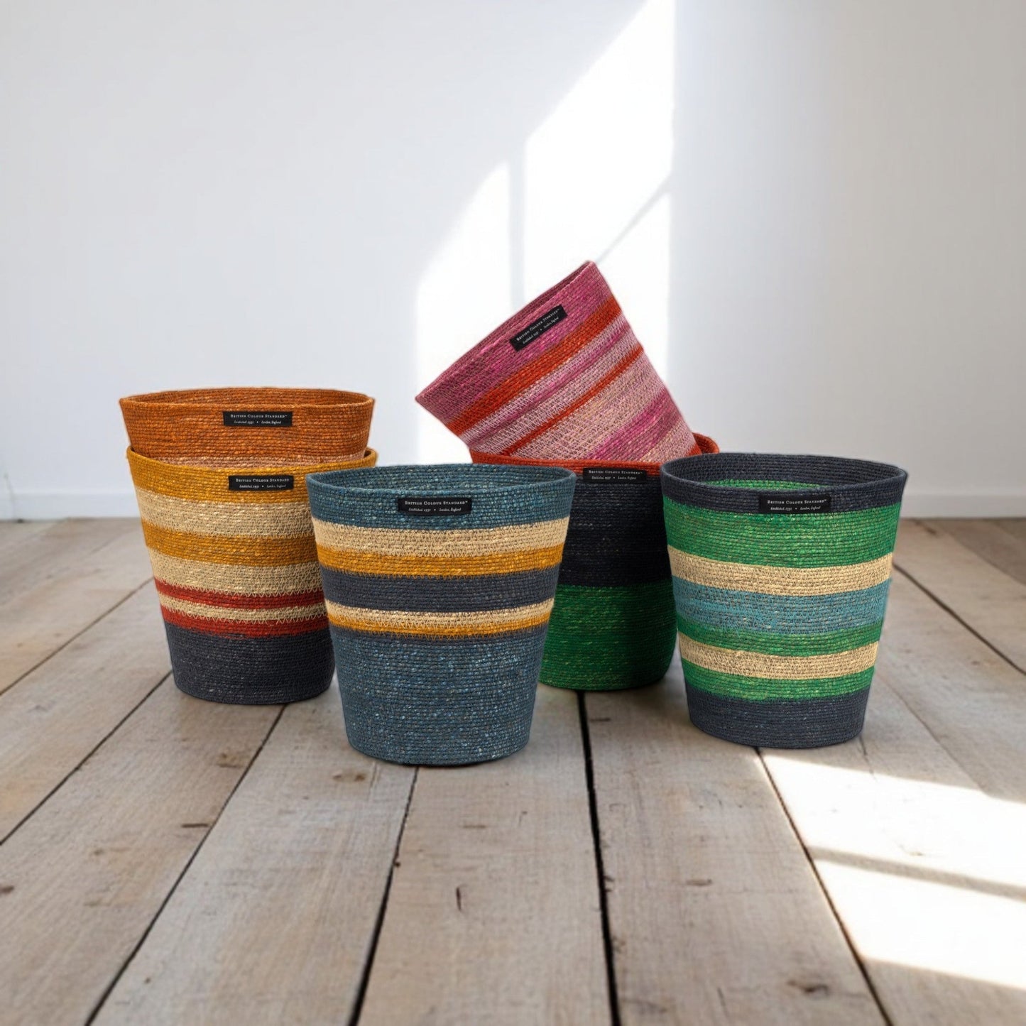 Striped Seagrass Waste Paper Basket in Beryl / Midnight