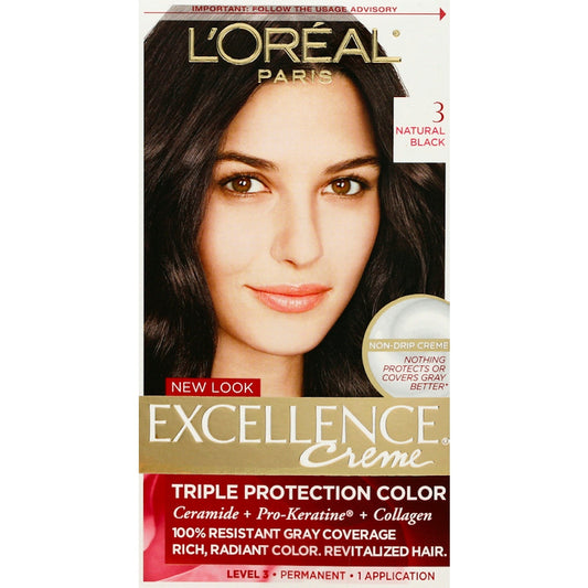 Excellence L'Oreal Paris Créme Permanent Triple Protection Hair Color, 3 Natural Black, 1 Kit