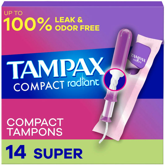 Tampax Pocket Radiant Compact Tampons Super Absorbency With BPA-Free Plastic Applicator And LeakGuard Braid, Unscented