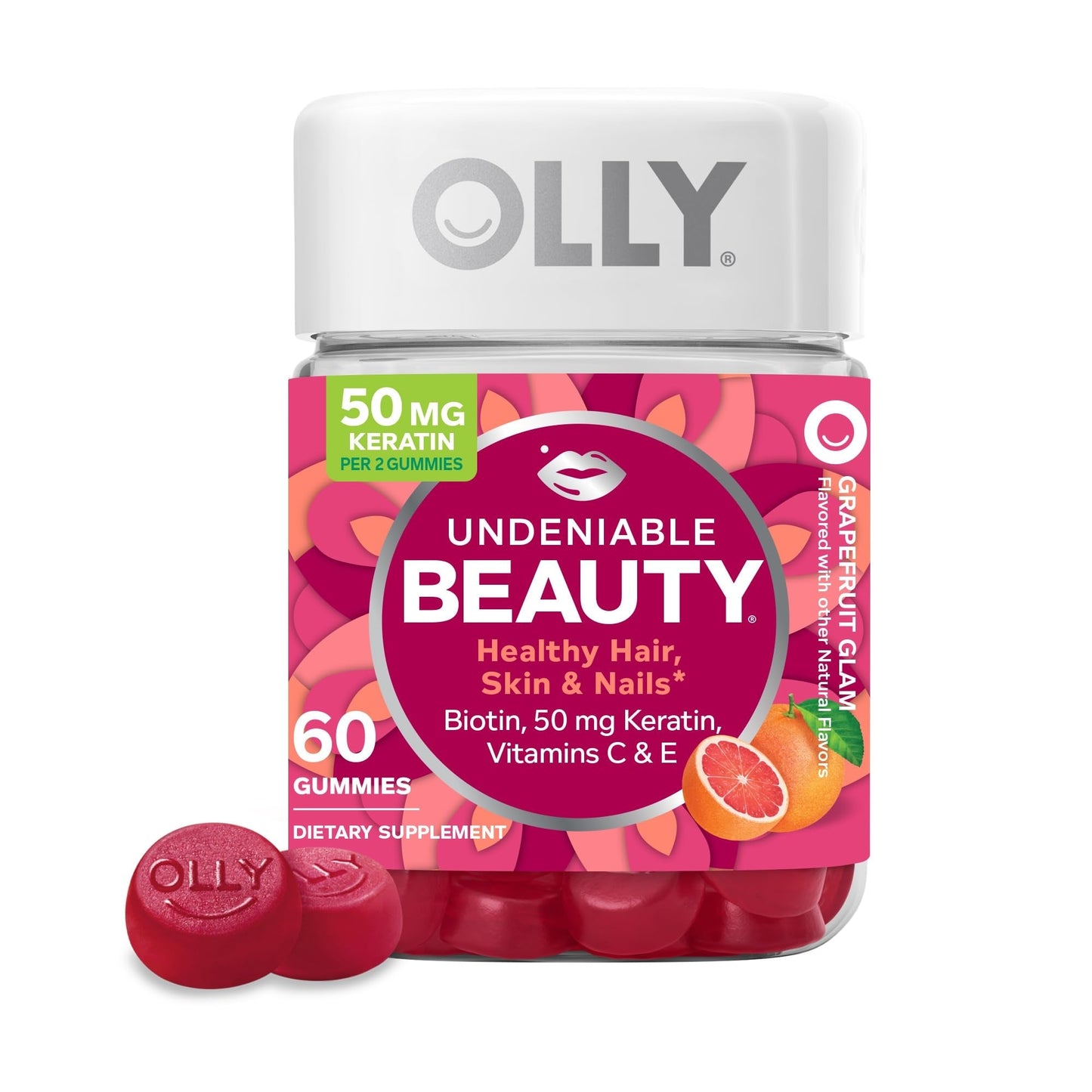 Olly Undeniable Beauty Gummy, 30 Day Supply, Grapefruit Glam, Biotin, Vitamin C, Keratin, For Hair, Skin, Nails, Chewable Supplement