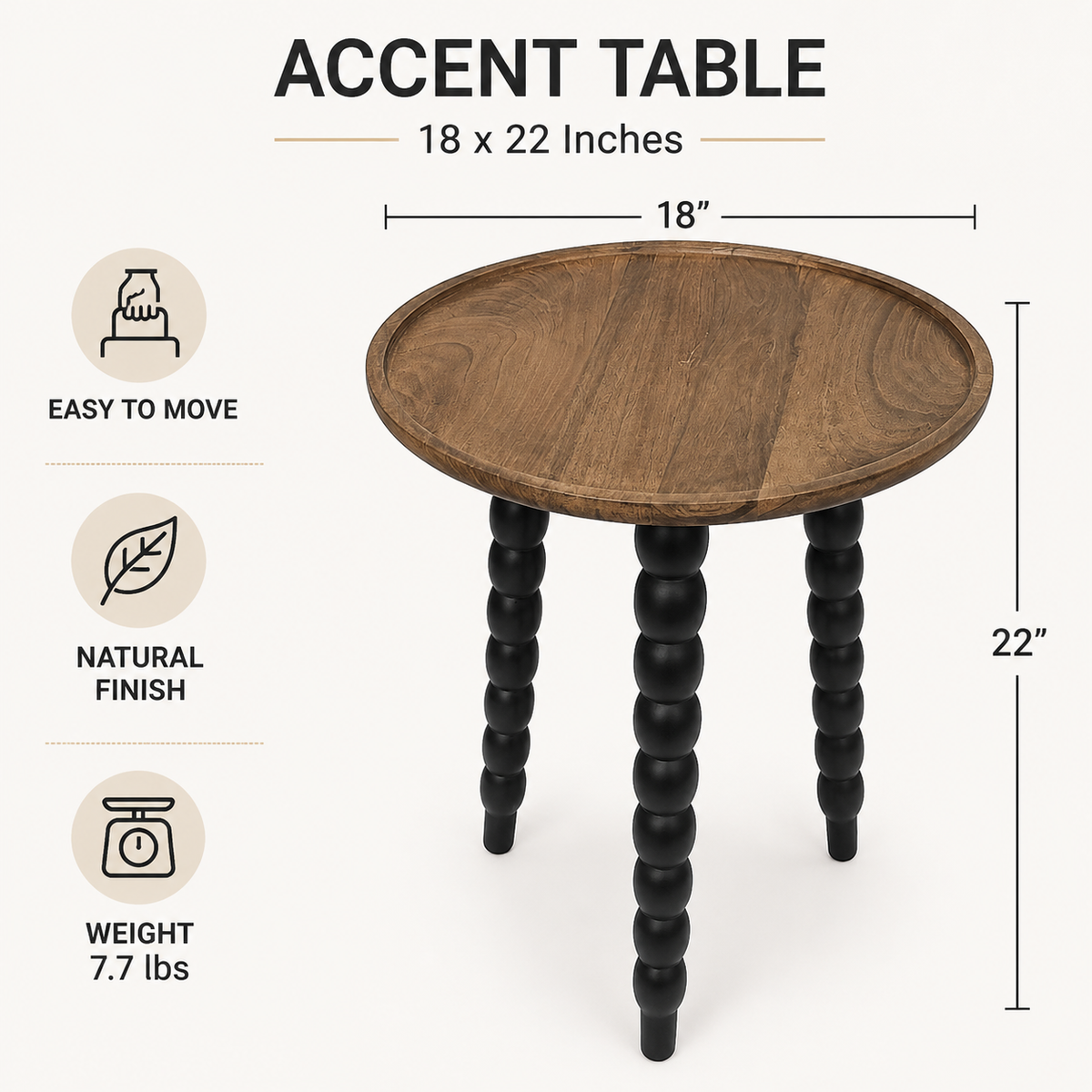 Mango Wood Round Accent Table with Metal Legs, Knockdown